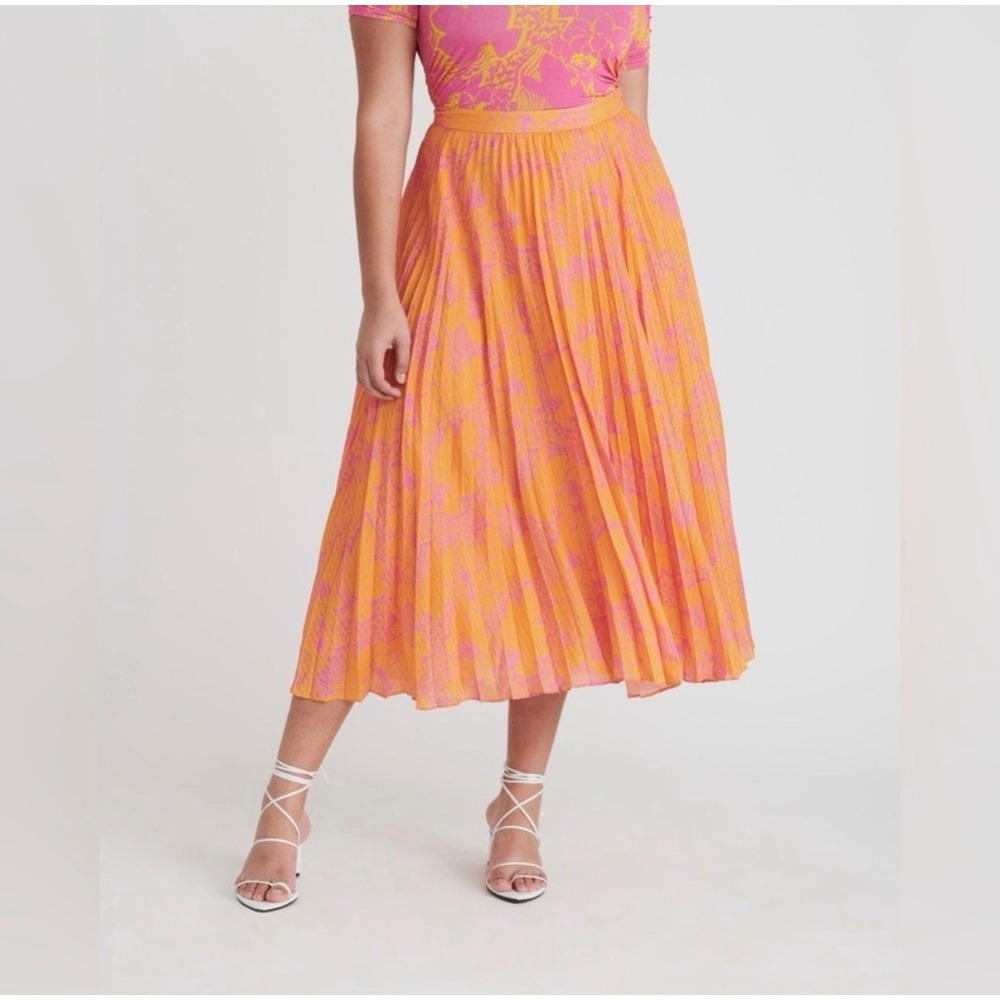 Tanya Taylor Jeana Pleated Midi Skirt Orange Pink Floral Size 4